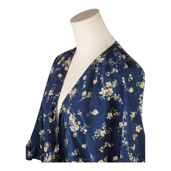 Floral Ruffle Kimono Cardigan Navy Yellow Open Front Sheer Size S/M - Picture 2 of 8